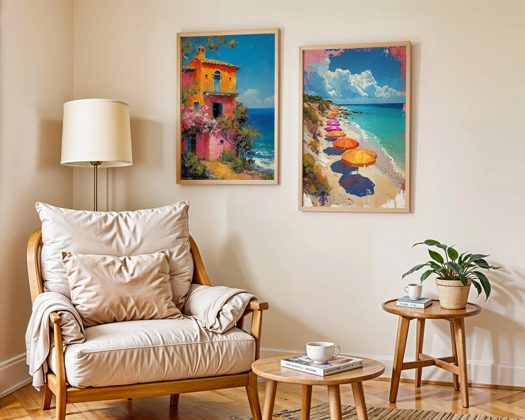 Colourful Prints | Italian Villa & Beach Umbrellas Print Set | Summer Coastal Wall Art (Set of 2) wall art print, modern home decor, unframed artwork by Nomad & Nest