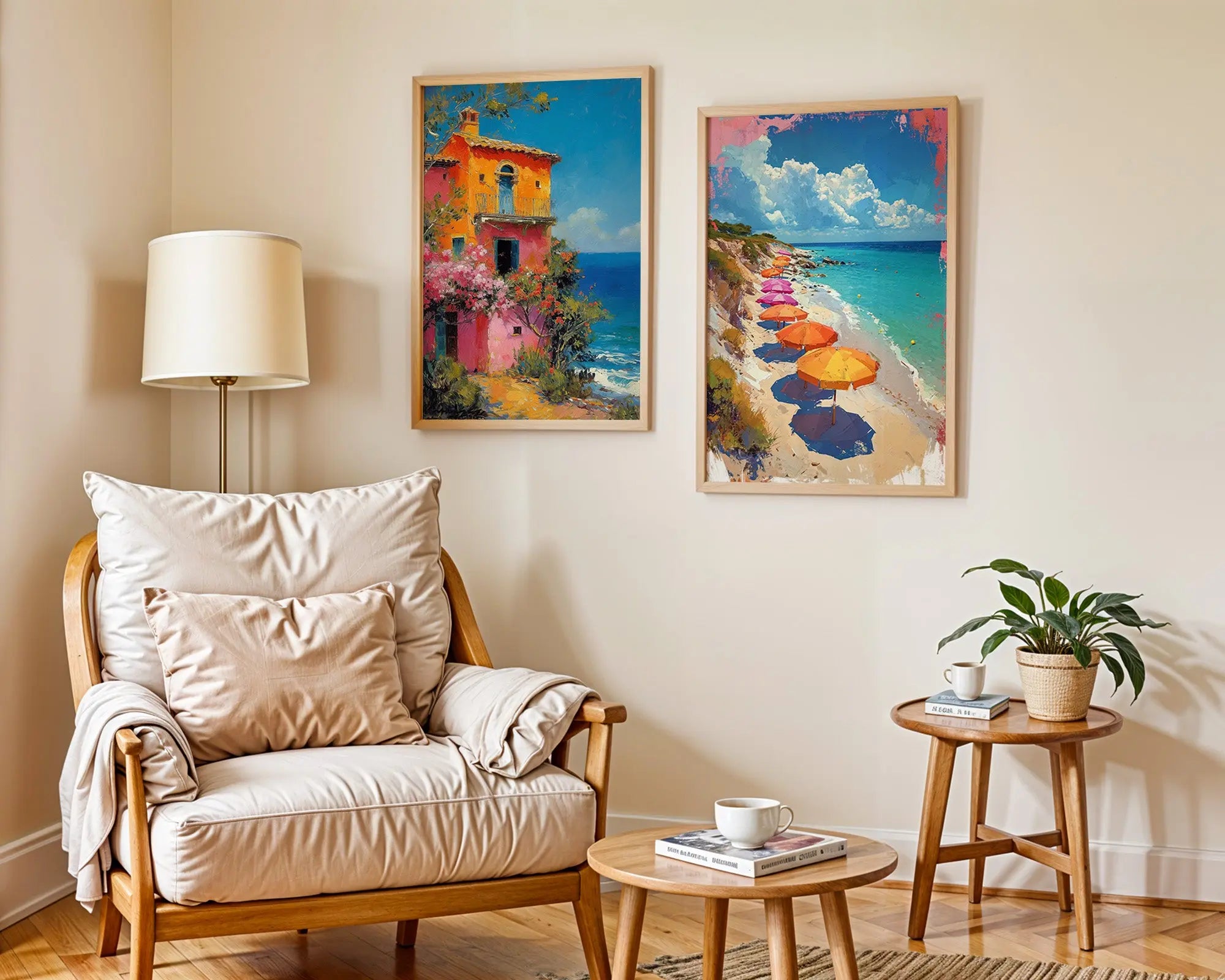 Colourful Prints | Italian Villa & Beach Umbrellas Print Set | Summer Coastal Wall Art (Set of 2) wall art print, modern home decor, unframed artwork by Nomad & Nest