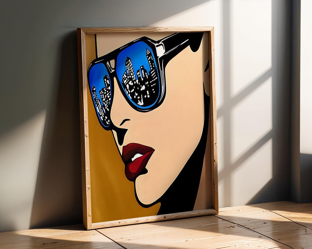 Modern Pop Art | Sunglasses Print | City Skyline Reflection Poster wall art print, modern home decor, unframed artwork by Nomad & Nest
