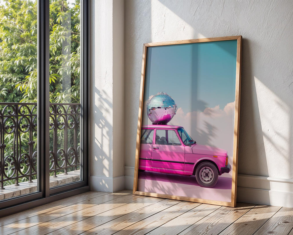 Colourful Prints | Pink Disco Car Print | Retro Pop Art for Fun Homes wall art print, modern home decor, unframed artwork by Nomad & Nest