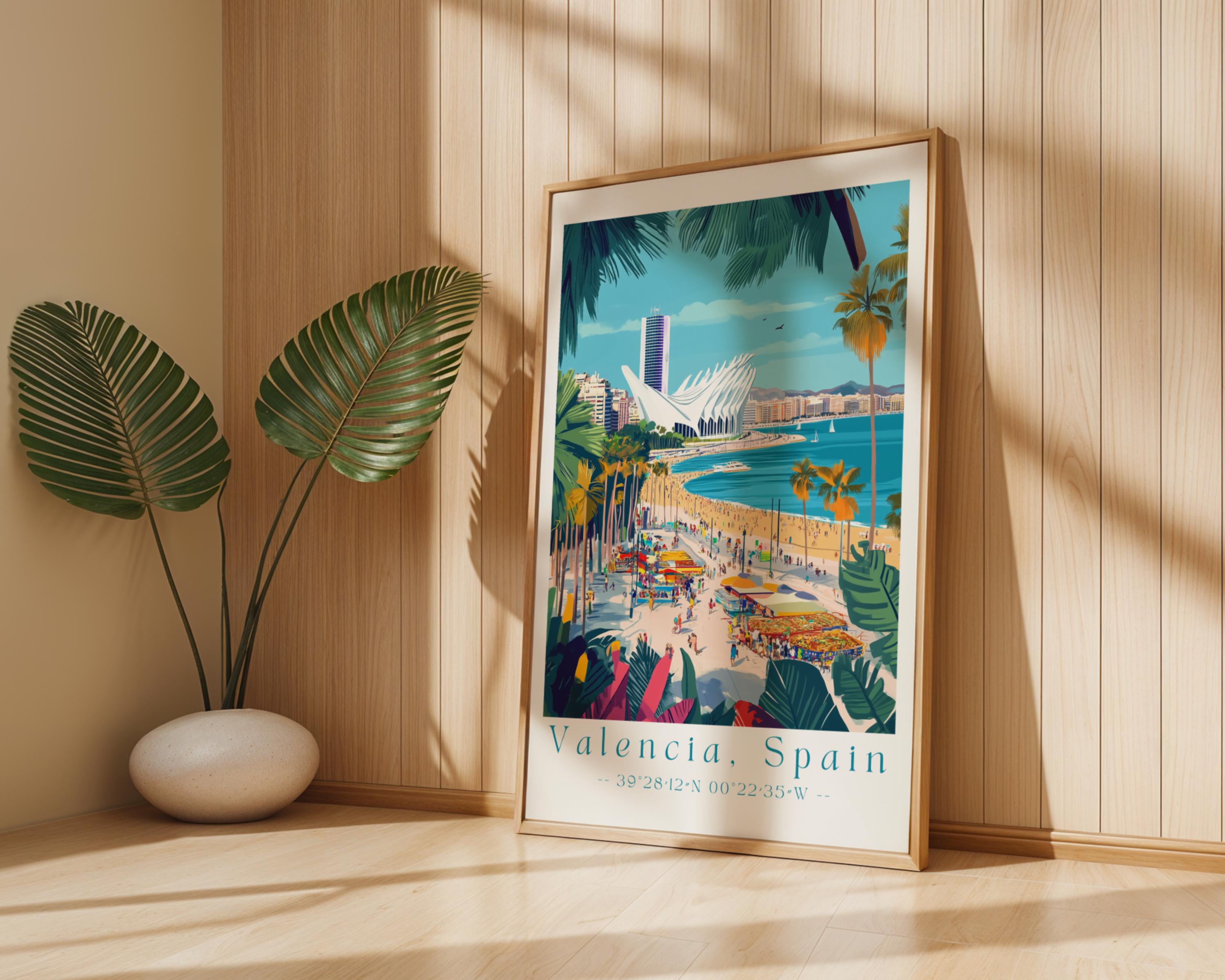 Valencia Spain Travel Poster | Vibrant Coastal City Art Print wall art print, modern home decor, unframed artwork by Nomad & Nest