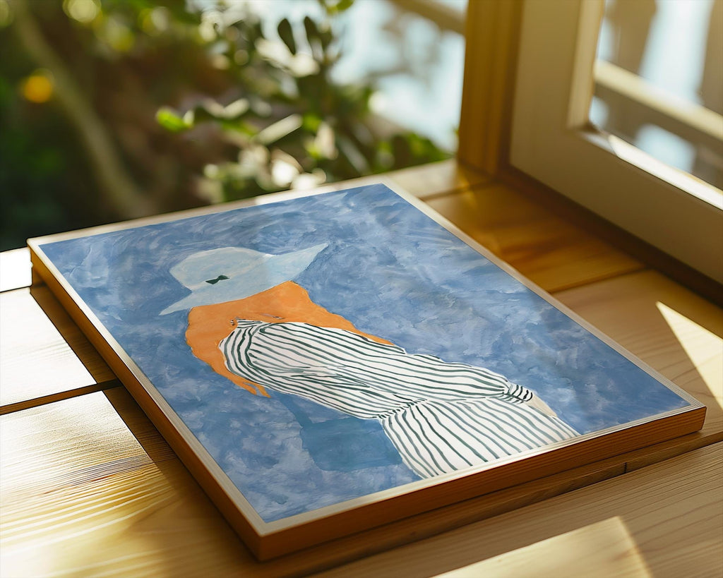 Woman in Blue Hat Art Print | Chic Fashion Illustration wall art print, modern home decor, unframed artwork by Nomad & Nest