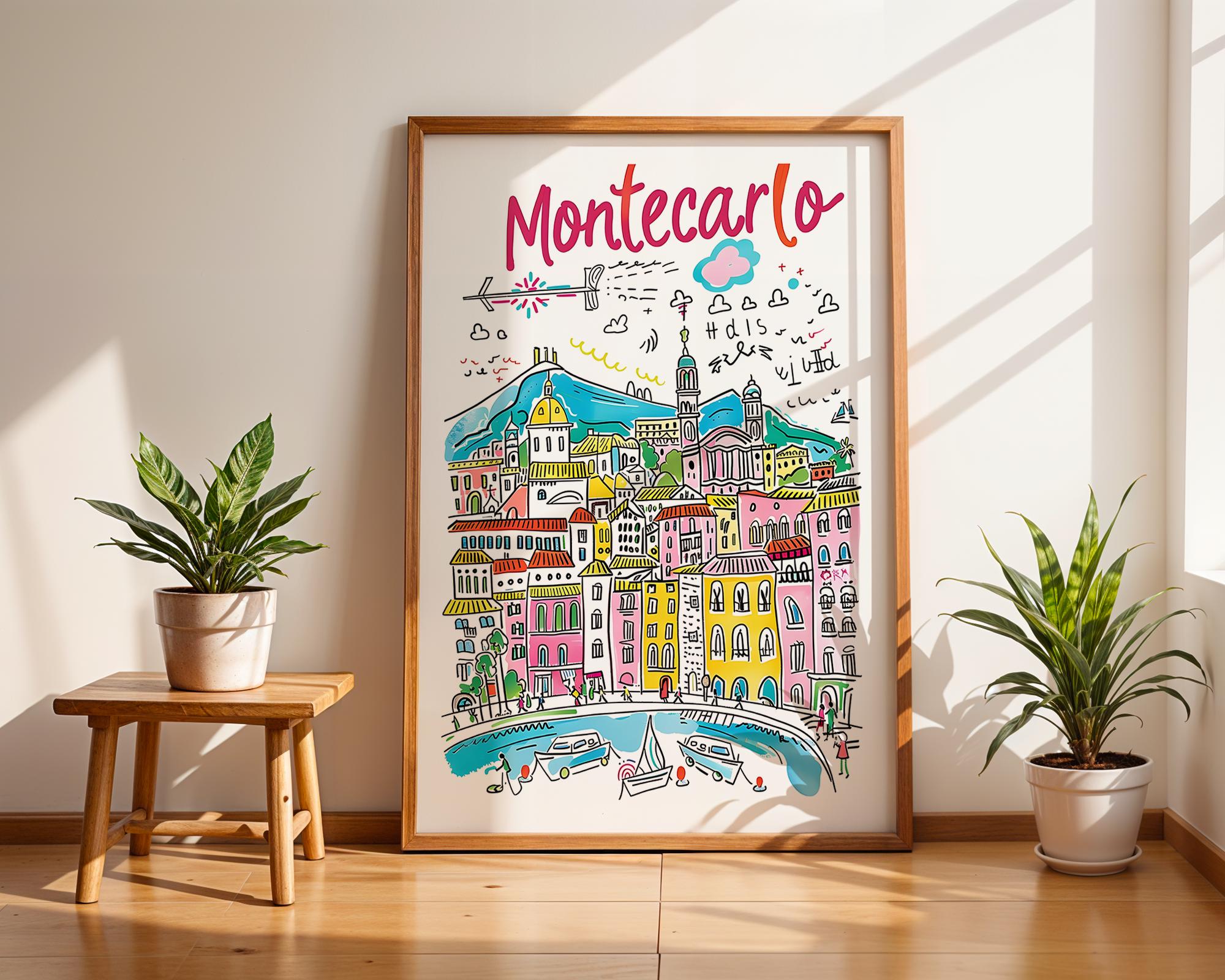 Monte Carlo Cityscape Poster | Colorful French Riviera Illustration wall art print, modern home decor, unframed artwork by Nomad & Nest