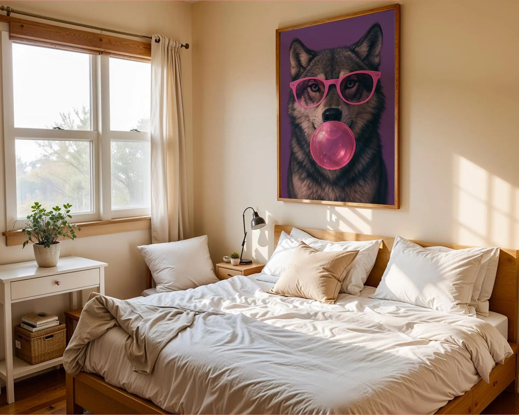 Colourful Prints | Wolf Bubblegum Print | Funky Animal Art with Pink Glasses wall art print, modern home decor, unframed artwork by Nomad & Nest
