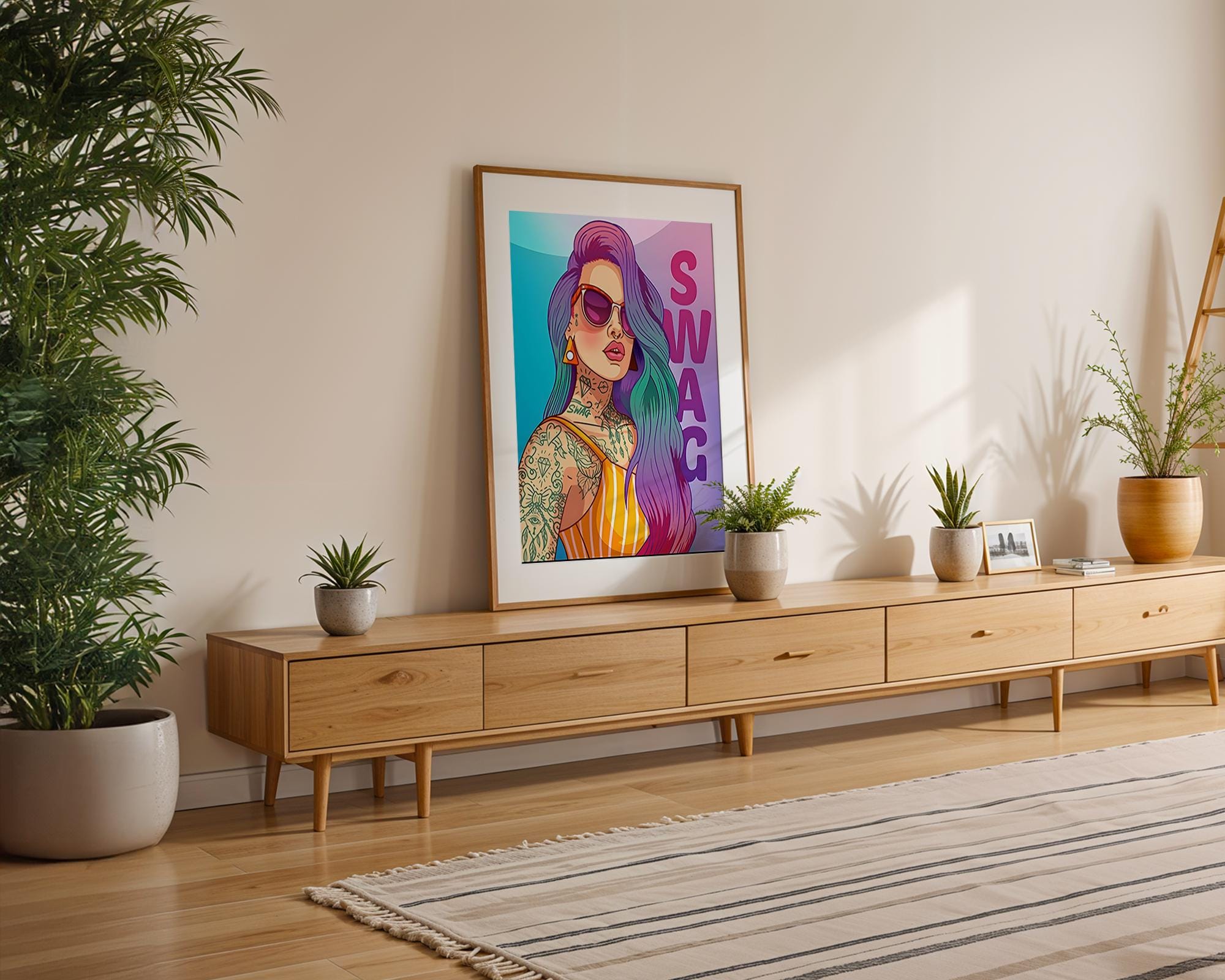 Modern Pop Art | Swag Girl  Print | Rainbow Hair, Tattoo Street wall art print, modern home decor, unframed artwork by Nomad & Nest