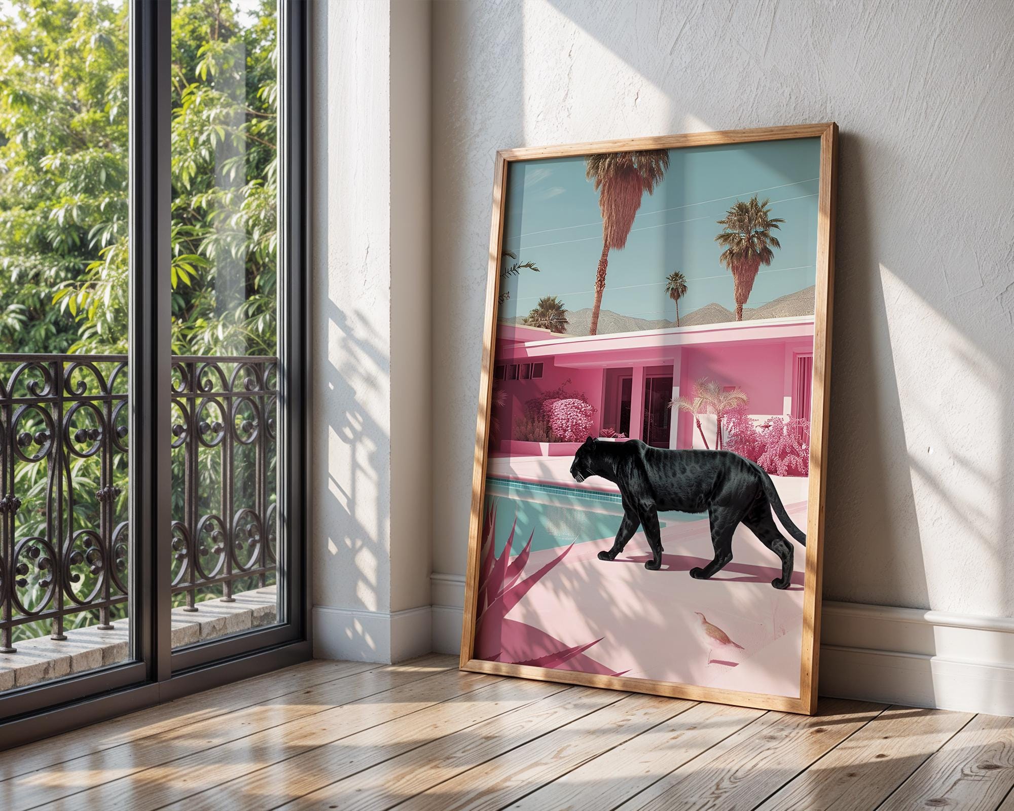 Colourful Prints | Panther Poolside Art Print | Retro Palm Springs, Tropical Pink wall art print, modern home decor, unframed artwork by Nomad & Nest