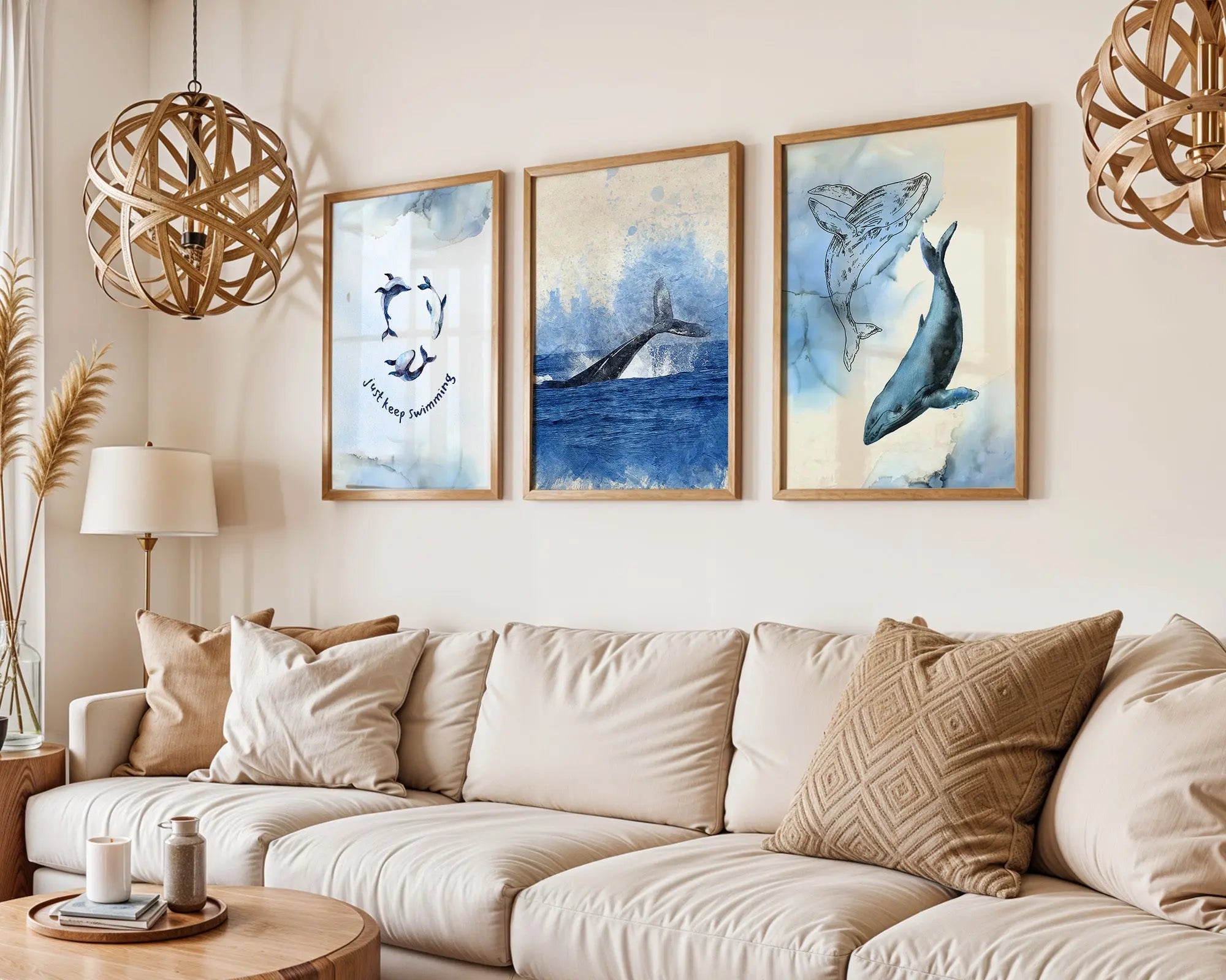 Colourful Prints | Whale and Dolphin Art, Blue Ocean Nursery Decor, Set of 3 wall art print, modern home decor, unframed artwork by Nomad & Nest