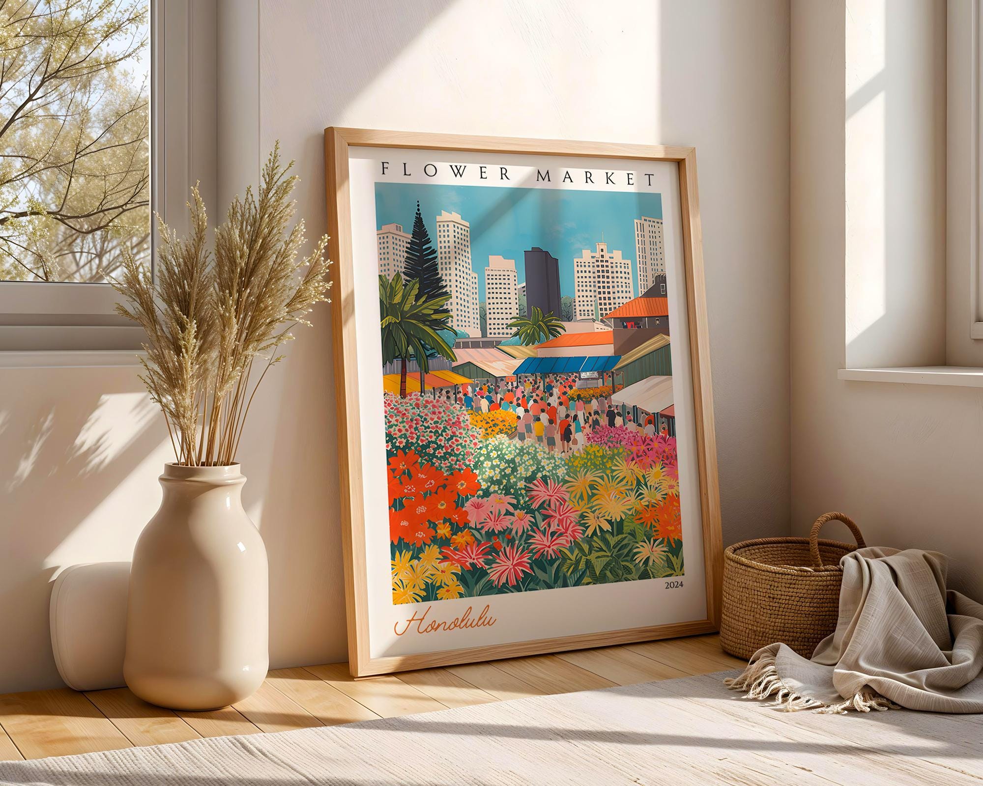 Honolulu Flower Market Print | Vintage Hawaiian Travel Poster wall art print, modern home decor, unframed artwork by Nomad & Nest