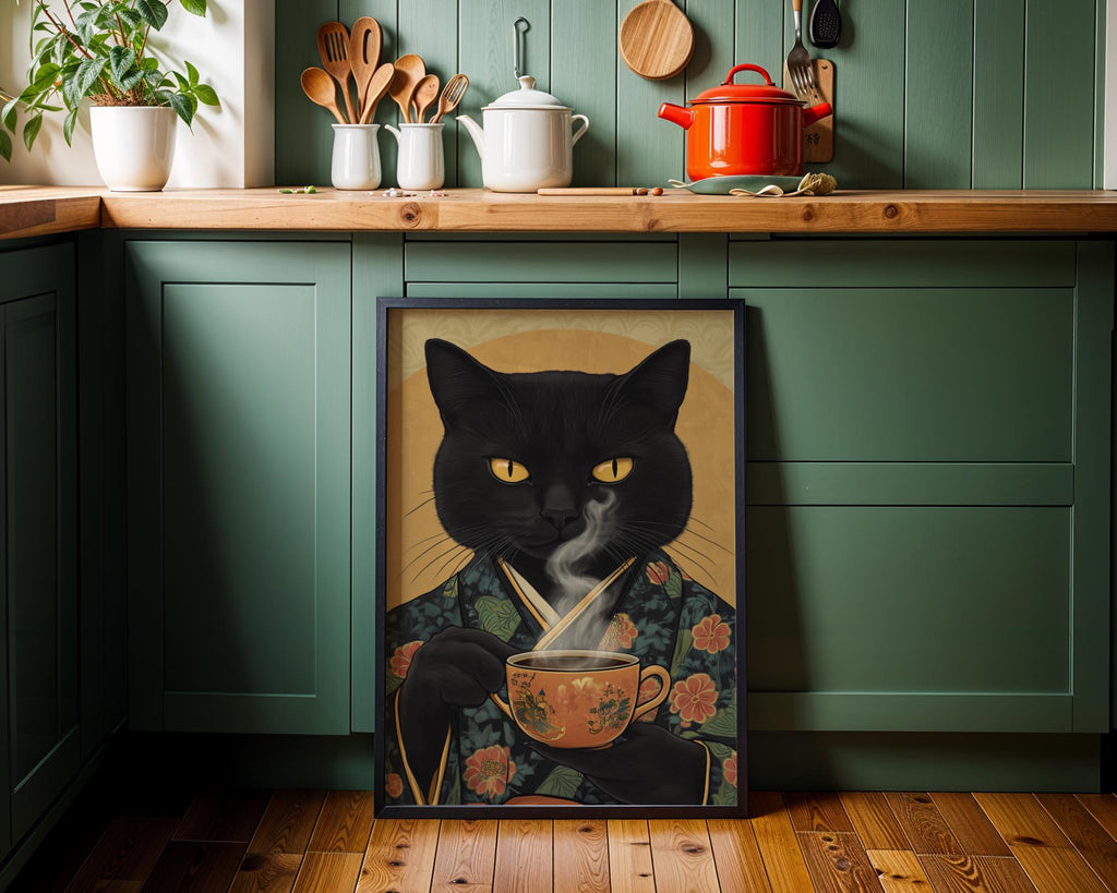 Japanese Poster | Black Cat Kimono Print – Vintage Feline Coffee wall art print, modern home decor, unframed artwork by Nomad & Nest