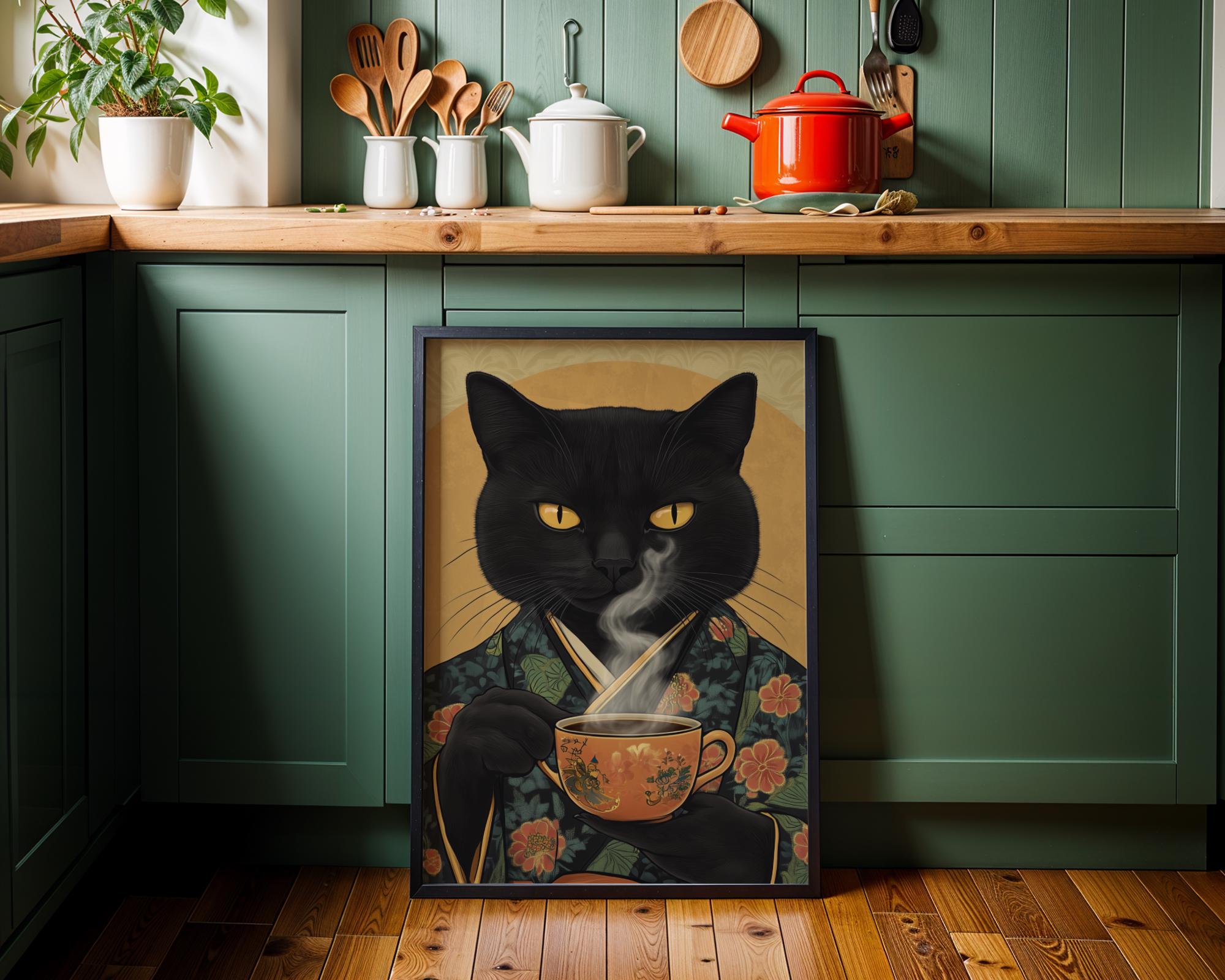 Japanese Poster | Black Cat Kimono Print – Vintage Feline Coffee wall art print, modern home decor, unframed artwork by Nomad & Nest