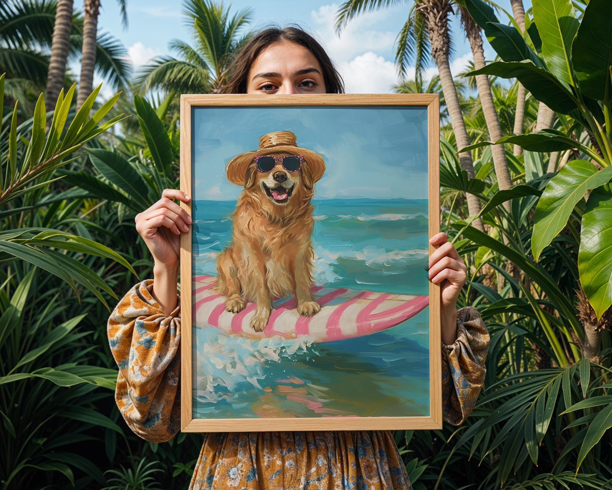 Colourful Prints | Surfer Golden Retriever Art Print | Beach House Coastal Decor wall art print, modern home decor, unframed artwork by Nomad & Nest