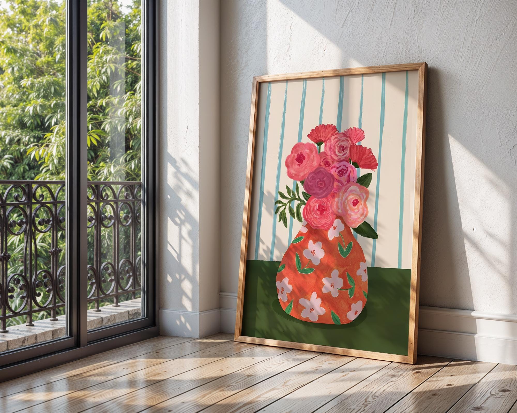 Floral Vase Art Print | Pink Flowers, Orange Pattern (Unframed) wall art print, modern home decor, unframed artwork by Nomad & Nest