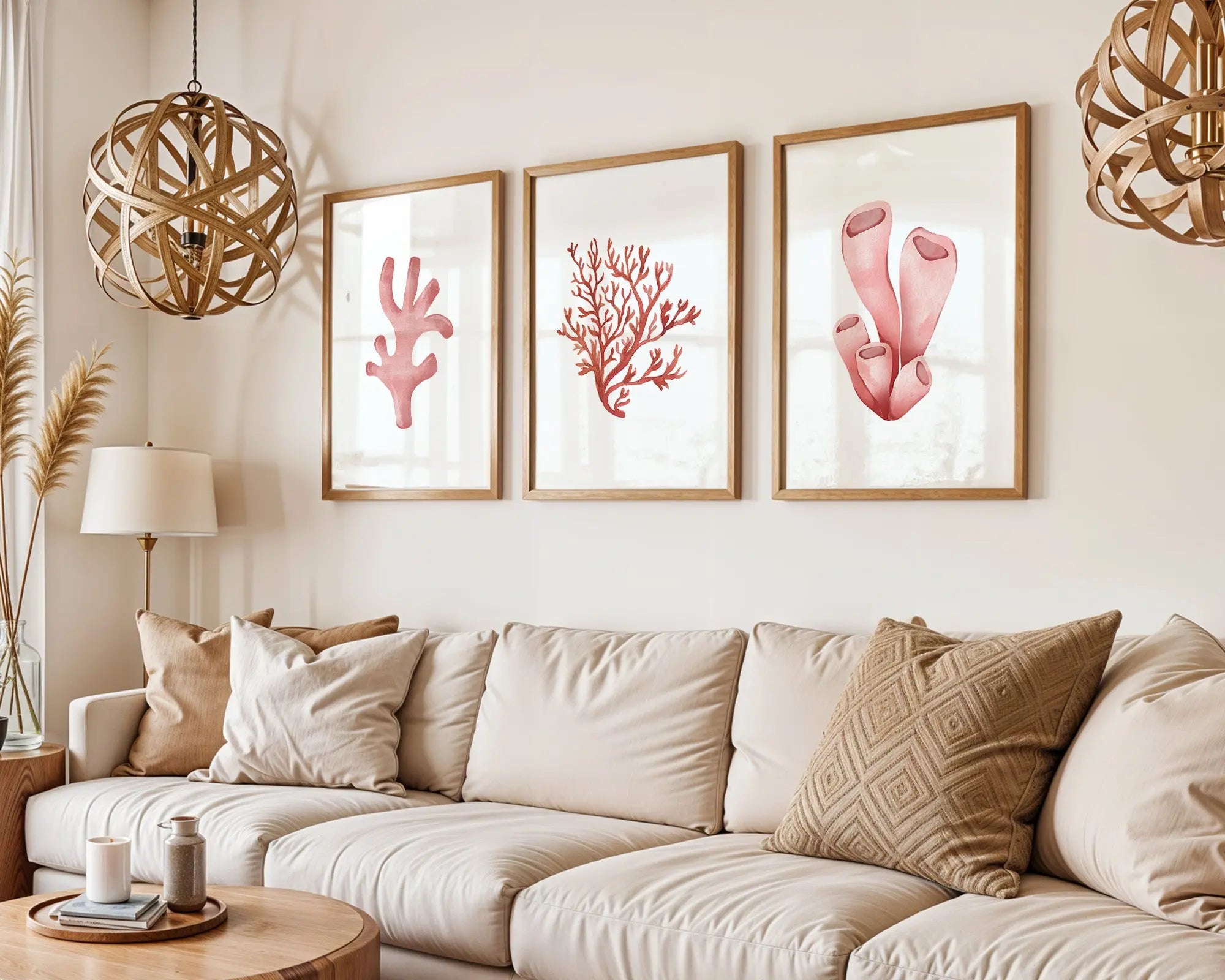 Colourful Prints | Pink Coral Watercolour Art Prints | Beach Coastal Decor (Set of 3) wall art print, modern home decor, unframed artwork by Nomad & Nest