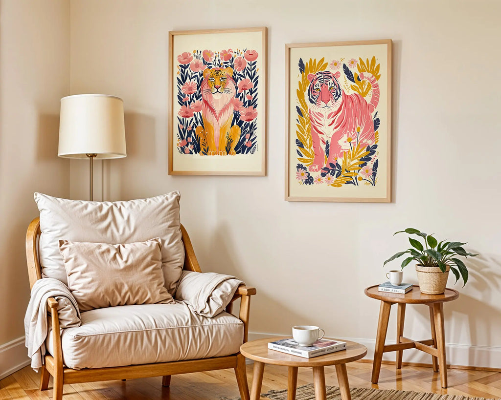 Colourful Prints | Jungle Tiger Print | Tropical Wall Art Duo (Set of 2) wall art print, modern home decor, unframed artwork by Nomad & Nest