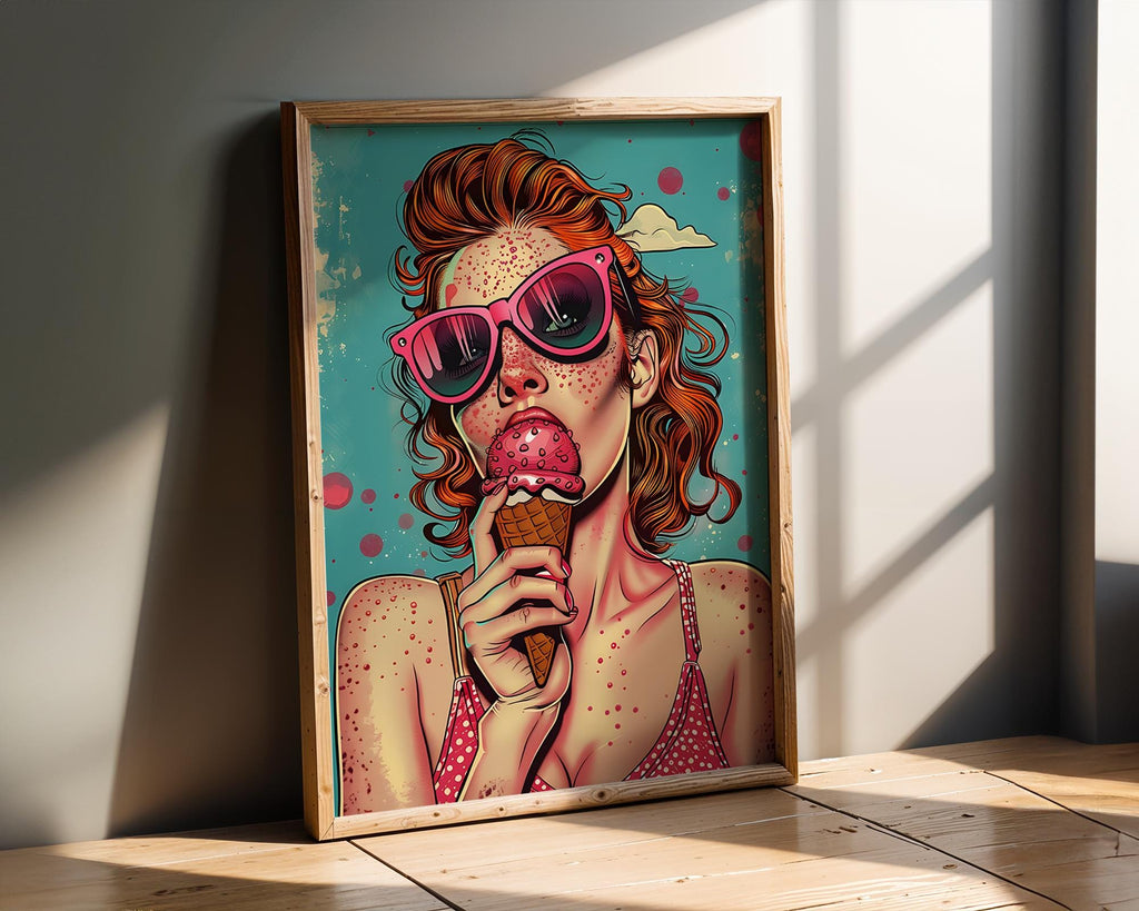 Modern Pop Art | Woman with Ice Cream Print | Retro Summer Illustration wall art print, modern home decor, unframed artwork by Nomad & Nest