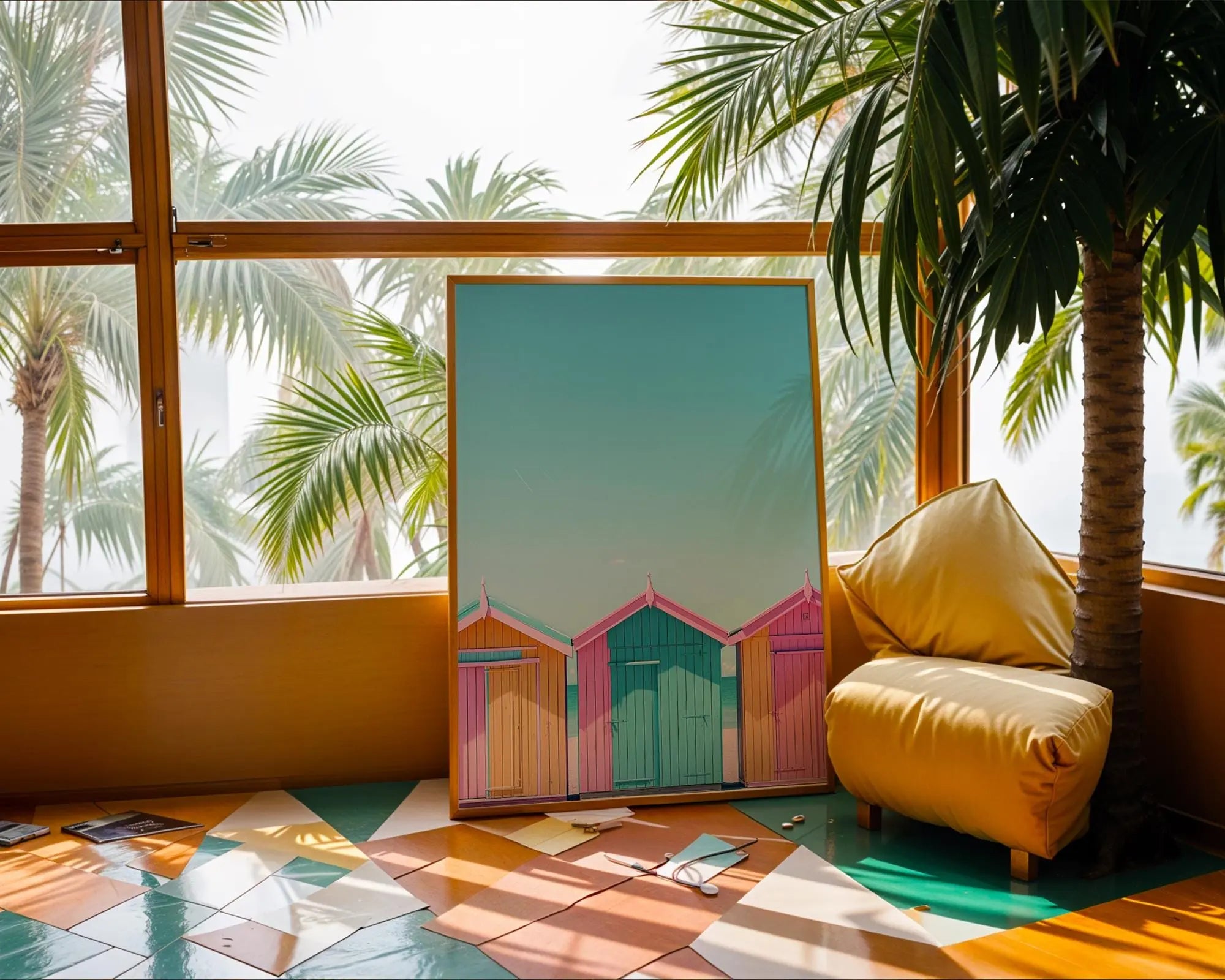 Colourful Prints | Pastel Beach Huts Print | Retro Coastal Art Poster wall art print, modern home decor, unframed artwork by Nomad & Nest