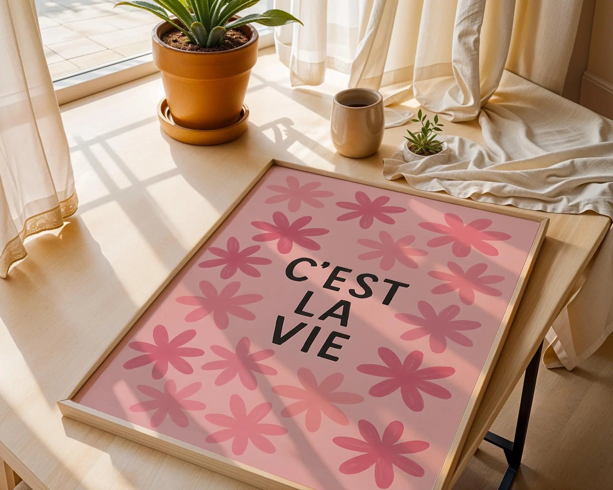 C’est La Vie Print | Pink Floral French Quote Poster wall art print, modern home decor, unframed artwork by Nomad & Nest