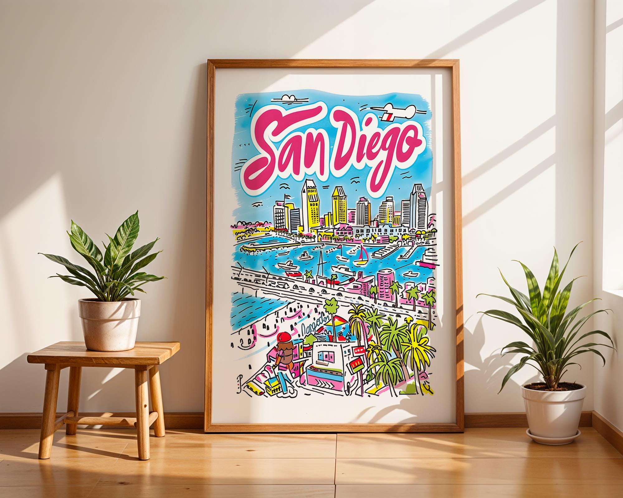 San Diego California Travel Poster | Colorful Coastal Skyline Art Print wall art print, modern home decor, unframed artwork by Nomad & Nest