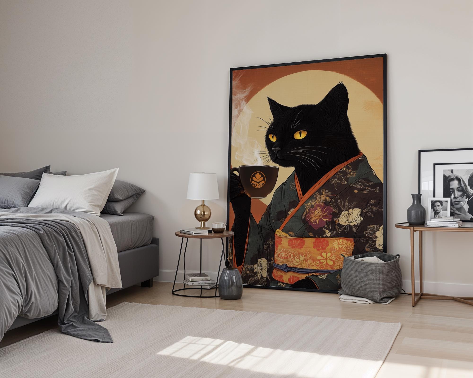Japanese Poster | Black Cat Kimono Print – Coffee Lover Vintage Feline Art wall art print, modern home decor, unframed artwork by Nomad & Nest
