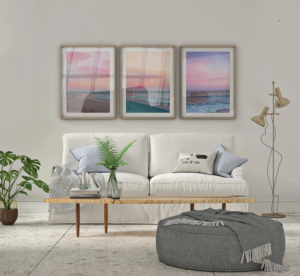 Colourful Prints | Pink Sunset Ocean Photography Print Set, Coastal Living Room Decor wall art print, modern home decor, unframed artwork by Nomad & Nest