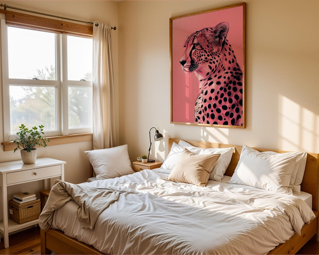 Colourful Prints | Pink Leopard Print | Graphic Jungle Cat on Coral wall art print, modern home decor, unframed artwork by Nomad & Nest