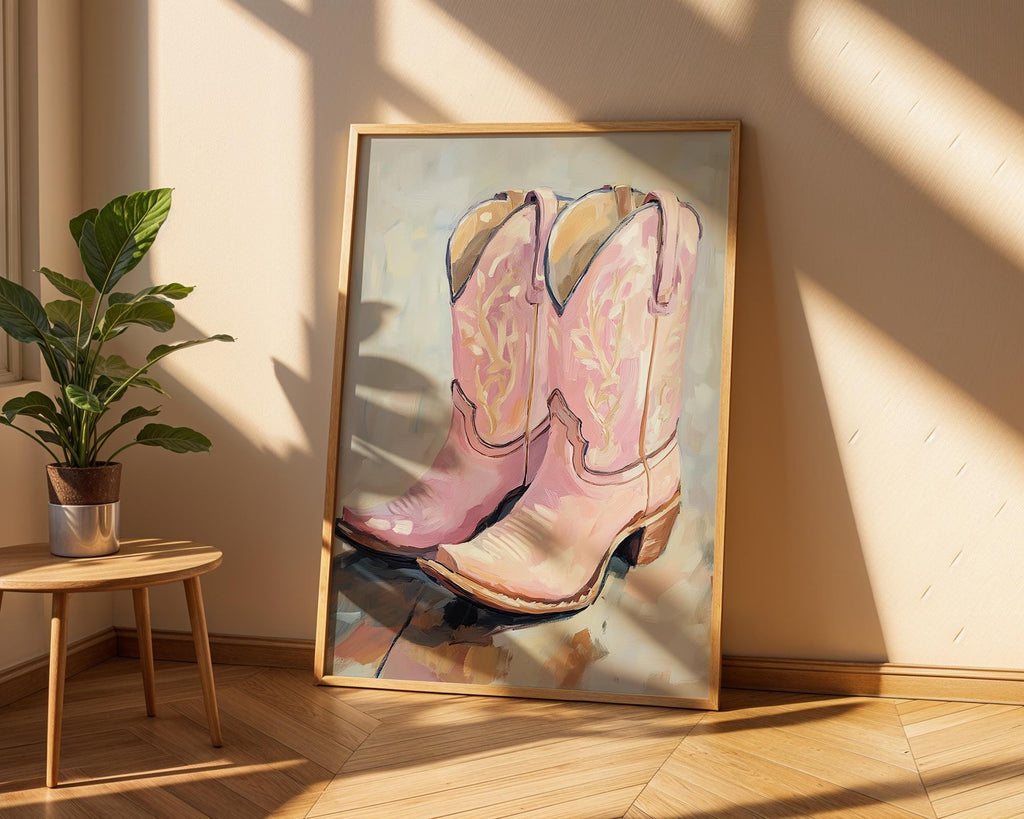 Pink Cowgirl Boots Oil Painting | Modern Western Art Poster wall art print, modern home decor, unframed artwork by Nomad & Nest