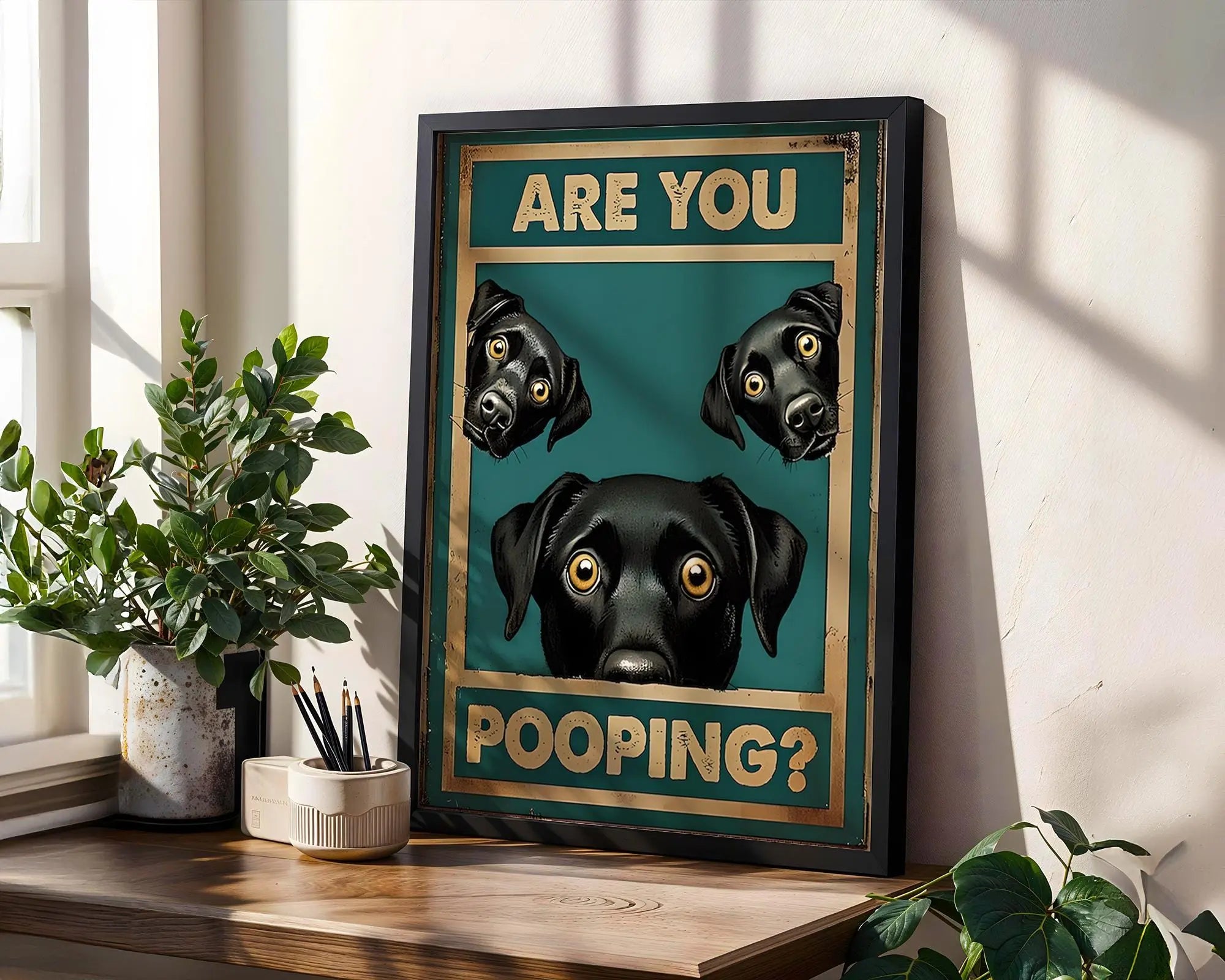Positive Emotion | Are You Pooping Dog Wall Art | Funny Bathroom Poster | Playful Pet Humour wall art print, modern home decor, unframed artwork by Nomad & Nest