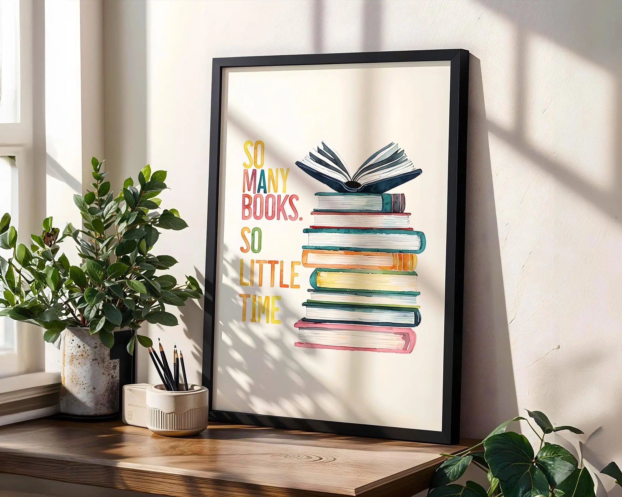 Positive Emotion | Many Books So Little Time Wall Art | Reading Illustration Print wall art print, modern home decor, unframed artwork by Nomad & Nest