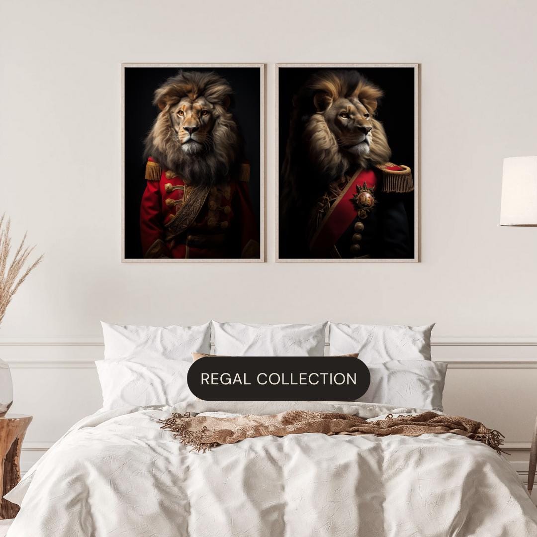Majestic Lion Portrait Print | Regal Animal in Military Uniform wall art print, modern home decor, unframed artwork by Nomad & Nest