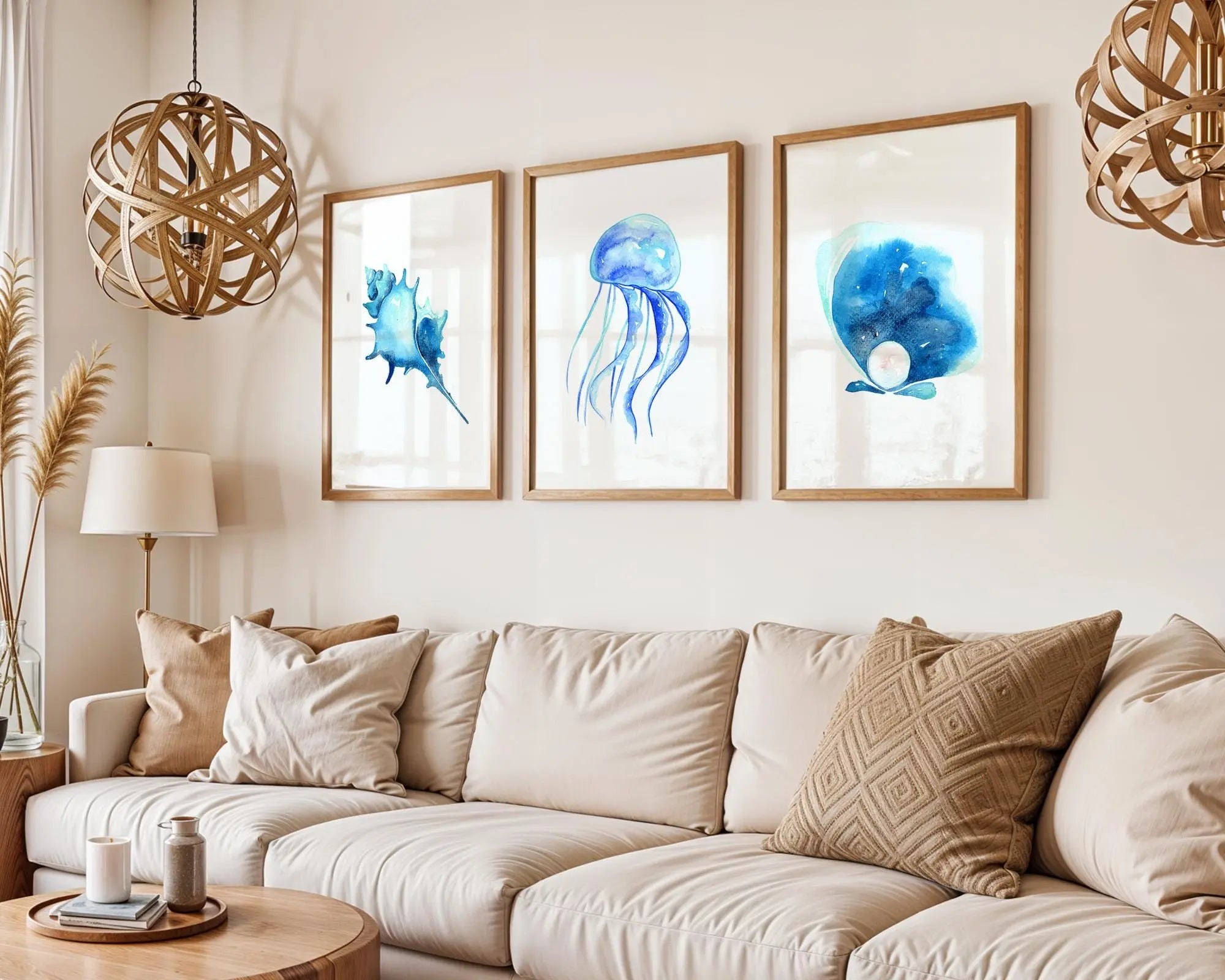 Colourful Prints | Ocean Wall Art Prints • Watercolor Seashell, Jellyfish, Pearl Set wall art print, modern home decor, unframed artwork by Nomad & Nest