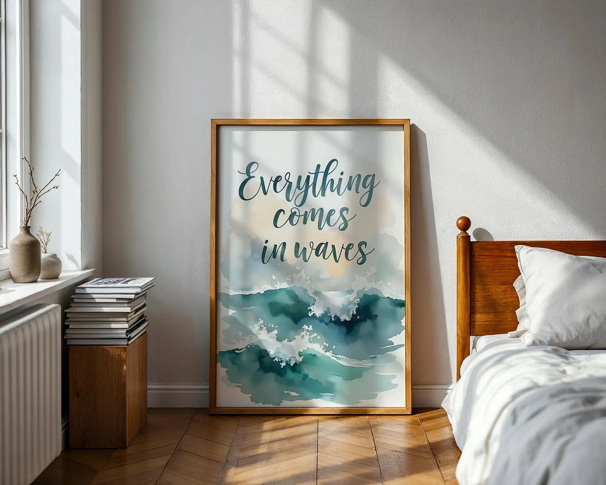 Positive Emotion | Everything Comes in Waves | Ocean Watercolour Quote | Coastal Calm Wall Art wall art print, modern home decor, unframed artwork by Nomad & Nest