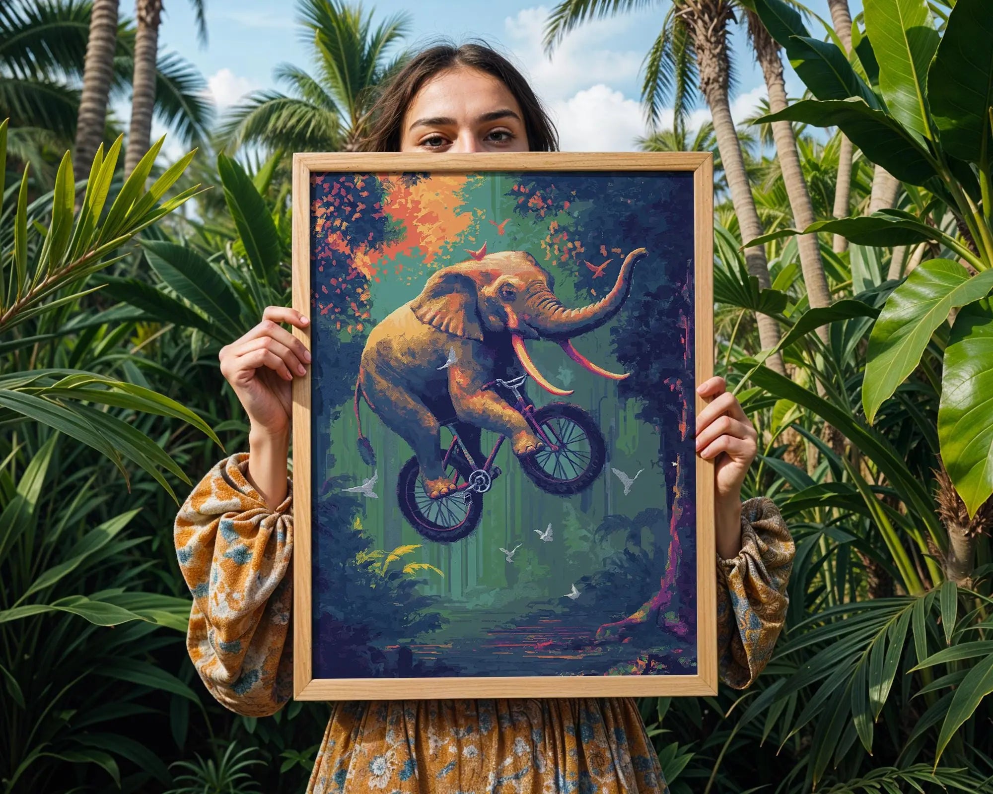 Elephant on Bicycle Print | Whimsical Jungle Animal Art wall art print, modern home decor, unframed artwork by Nomad & Nest