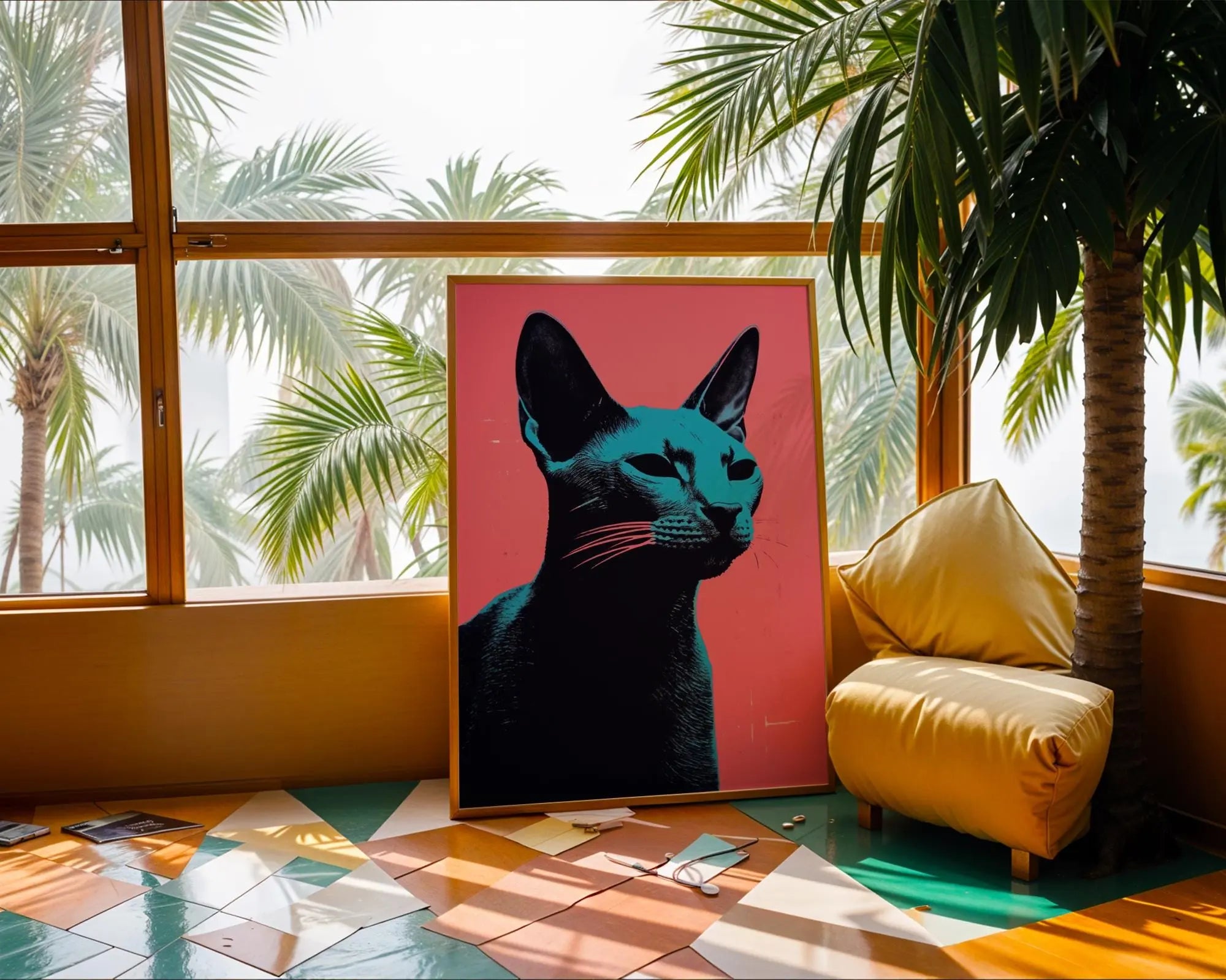 Pop Art Cat Portrait Print | Neon Blue and Pink Feline Poster wall art print, modern home decor, unframed artwork by Nomad & Nest