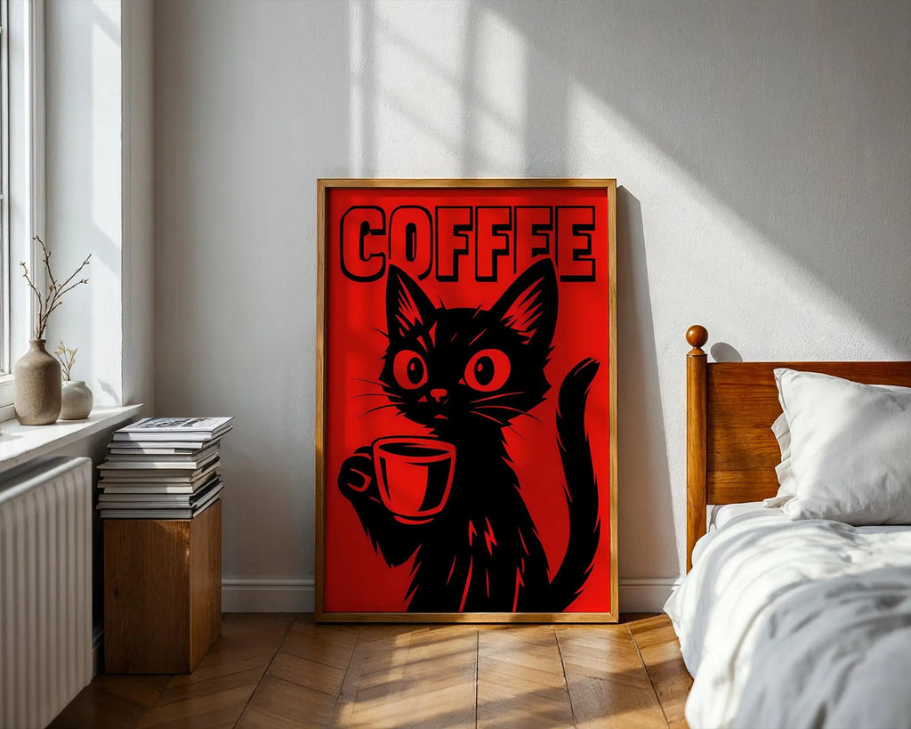 Positive Emotion | Coffee Cat Art Print | Bold Retro Graphic Poster wall art print, modern home decor, unframed artwork by Nomad & Nest