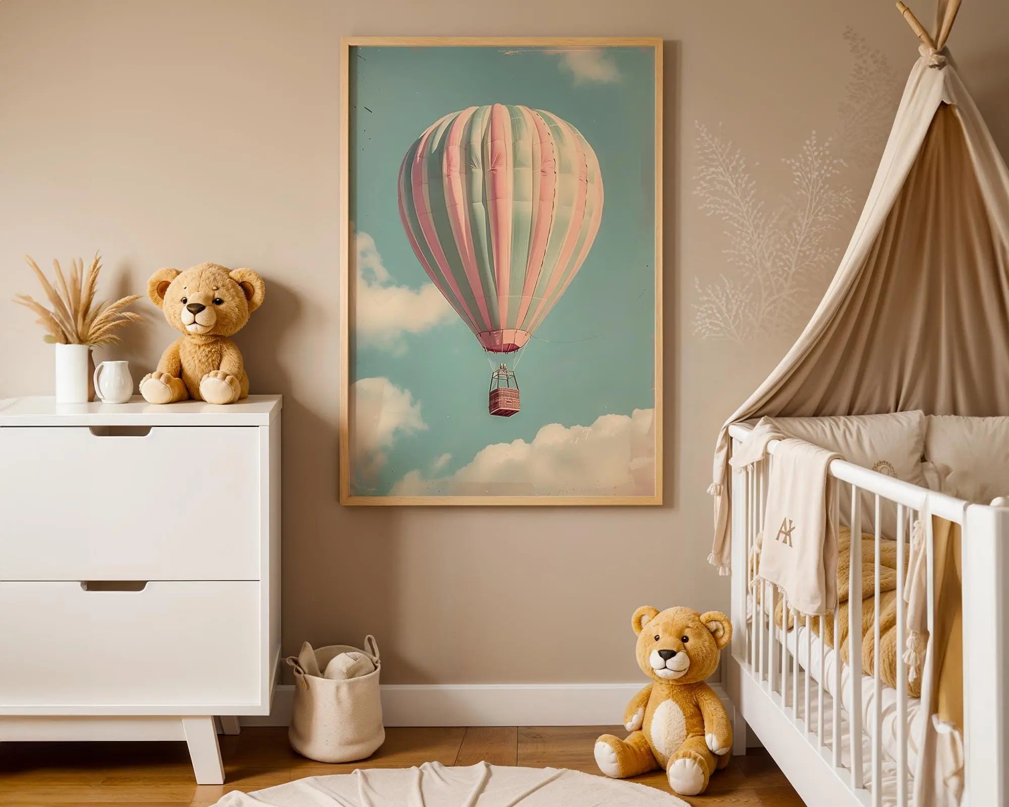 Playroom Ideas | Pastel Hot Air Balloon Nursery Art – Dreamy Baby Print wall art print, modern home decor, unframed artwork by Nomad & Nest