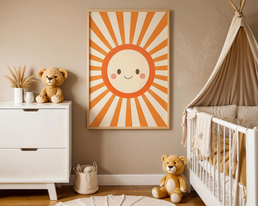 Playroom Ideas | Smiling Sun Nursery Wall Art | Retro Boho Sunshine Print wall art print, modern home decor, unframed artwork by Nomad & Nest