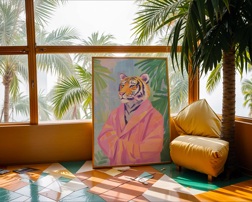 Tiger in Pink Robe Art Print | Whimsical Jungle Animal Poster wall art print, modern home decor, unframed artwork by Nomad & Nest