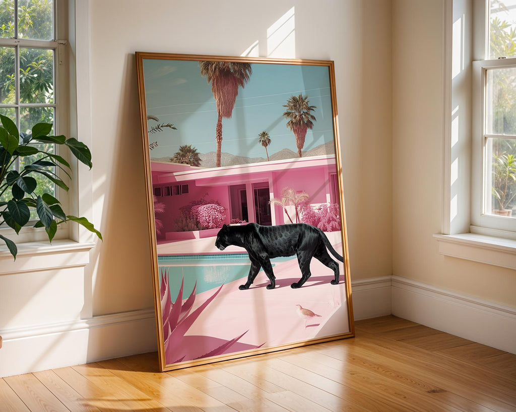 Colourful Prints | Panther Poolside Art Print | Retro Palm Springs, Tropical Pink wall art print, modern home decor, unframed artwork by Nomad & Nest