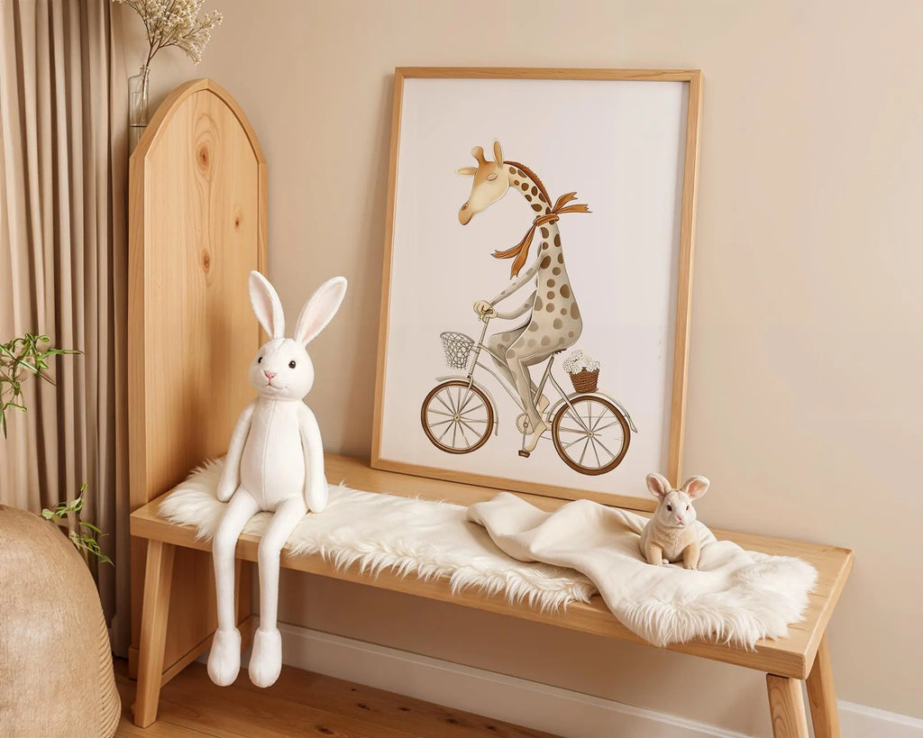Playroom Ideas | Giraffe Bicycle Nursery Print | Whimsical Animal Art wall art print, modern home decor, unframed artwork by Nomad & Nest