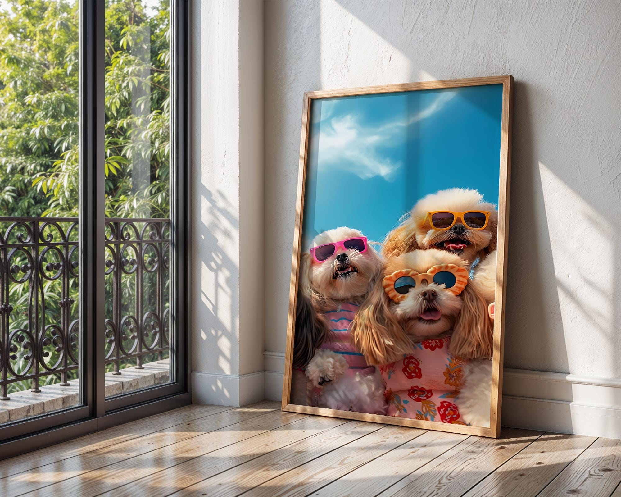 Colourful Prints | Funny Dogs Beach Print | Tropical Pup Art with Sunglasses wall art print, modern home decor, unframed artwork by Nomad & Nest