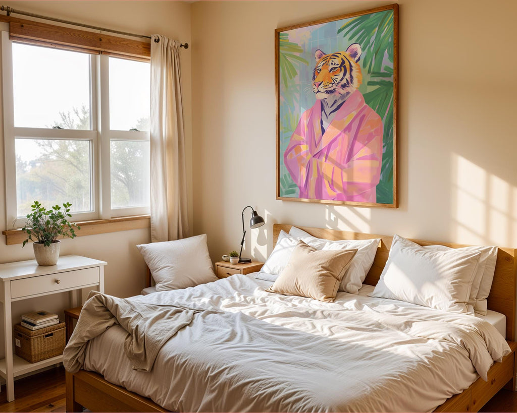 Tiger in Pink Robe Art Print | Whimsical Jungle Animal Poster wall art print, modern home decor, unframed artwork by Nomad & Nest