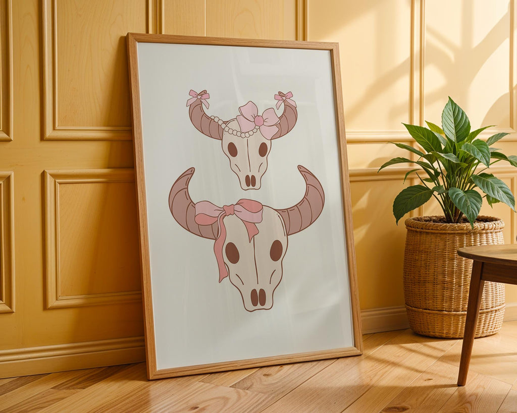Girly Bull Skull Pair Print | Pink Bow Western Wall Art wall art print, modern home decor, unframed artwork by Nomad & Nest