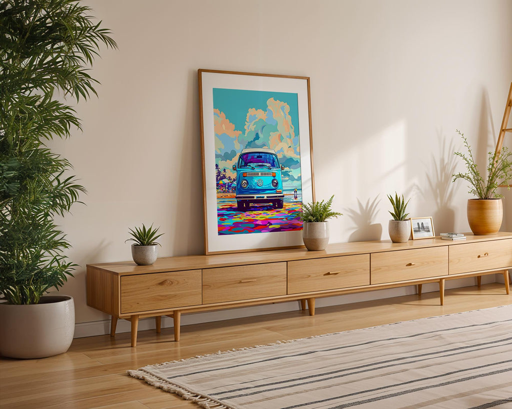 Modern Pop Art | Retro VW Bus Beach Print | Colorful Bohemian Van wall art print, modern home decor, unframed artwork by Nomad & Nest