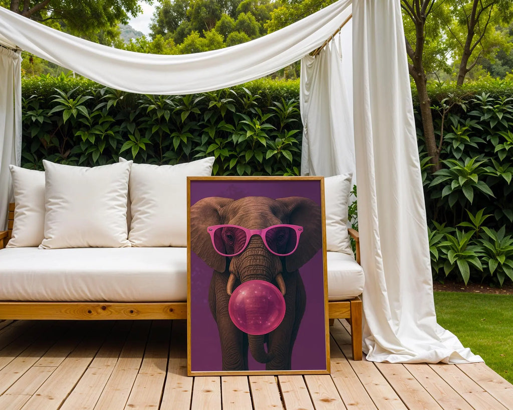 Colourful Prints | Elephant Bubblegum Art Print | Funky Pink Glasses, Pop Art wall art print, modern home decor, unframed artwork by Nomad & Nest
