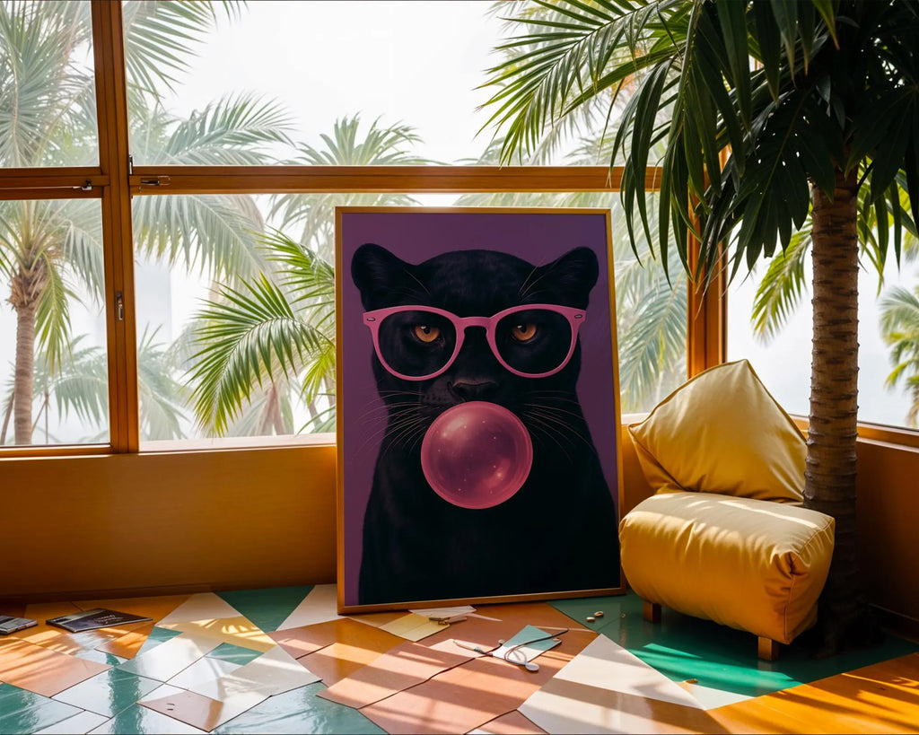 Colourful Prints | Panther with Bubblegum Print | Funky Animal Wall Art wall art print, modern home decor, unframed artwork by Nomad & Nest