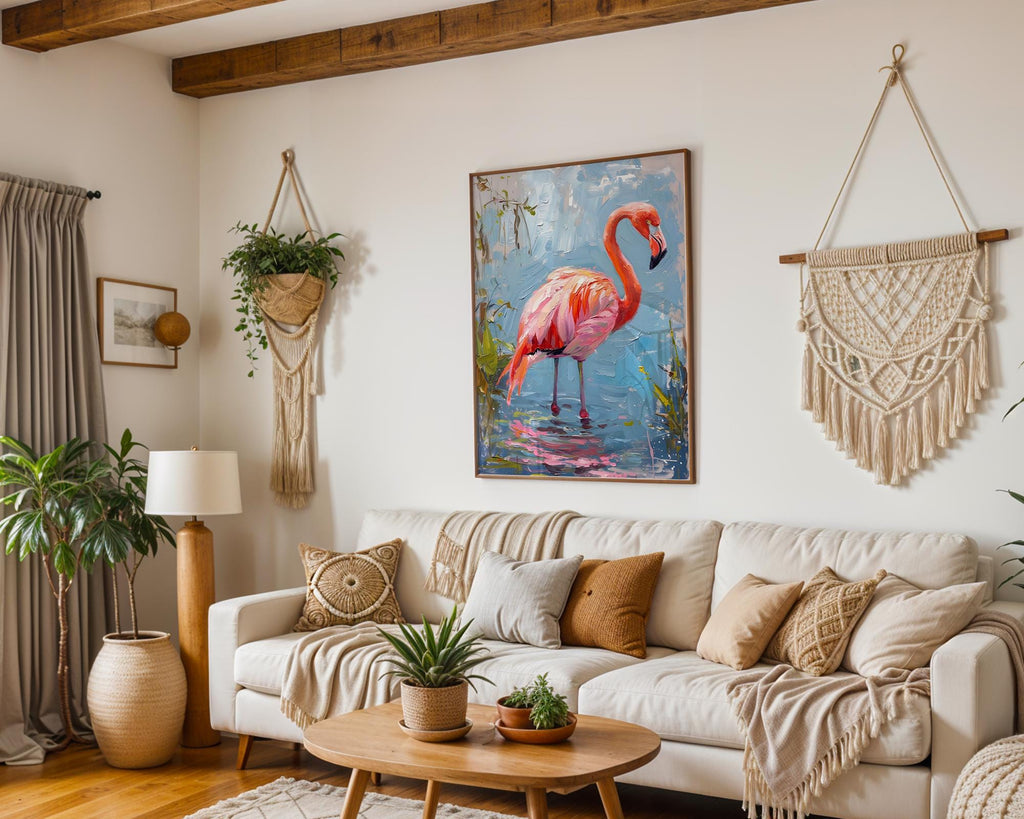 Modern Pop Art | Pink Flamingo Oil Painting | Tropical Bird Lake Scene Canvas Print wall art print, modern home decor, unframed artwork by Nomad & Nest