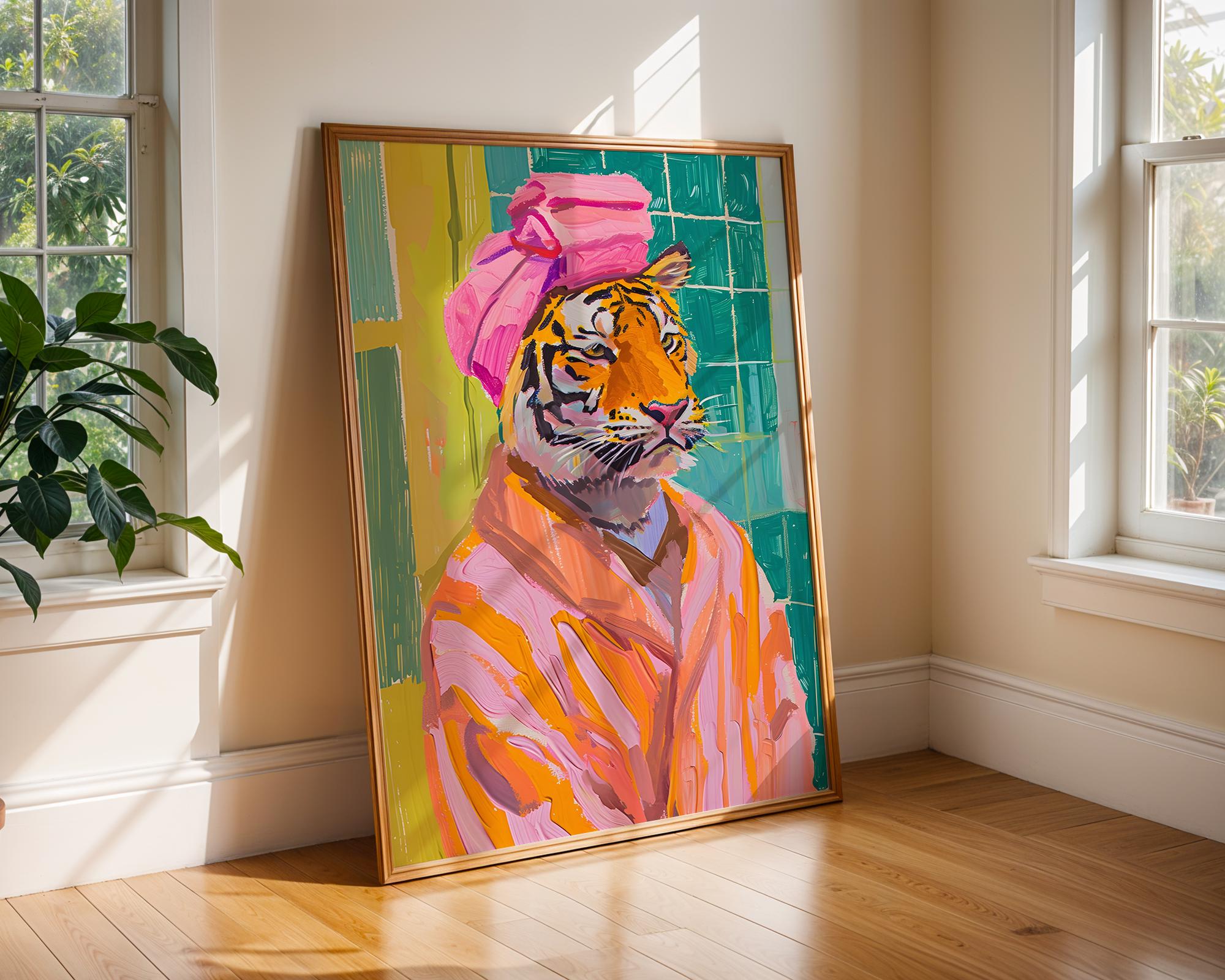 Colourful Prints | Tiger in Bathrobe Art Print | Funny Bathroom Animal Poster wall art print, modern home decor, unframed artwork by Nomad & Nest