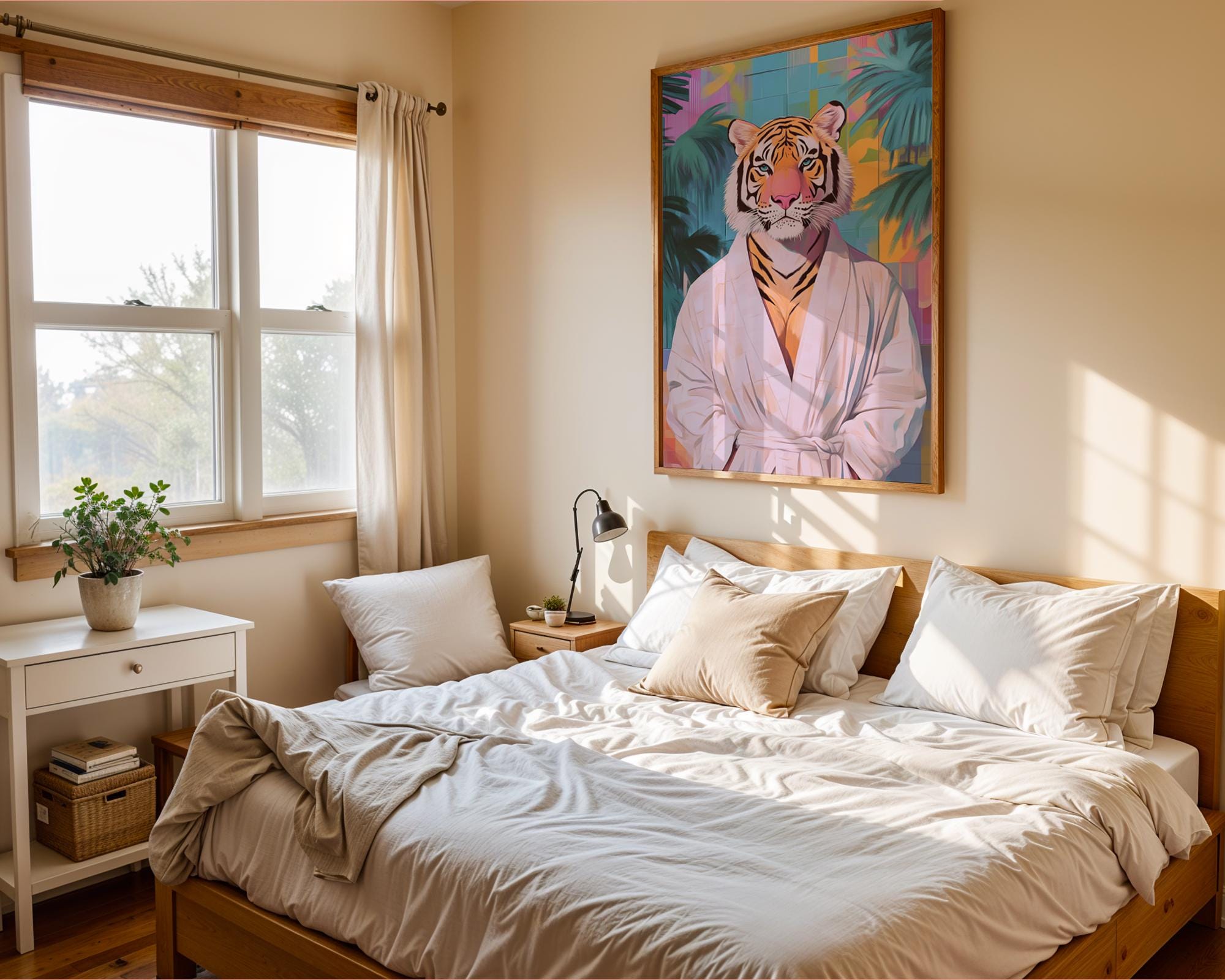 Tiger in Robe Art Print | Quirky Animal Poster wall art print, modern home decor, unframed artwork by Nomad & Nest