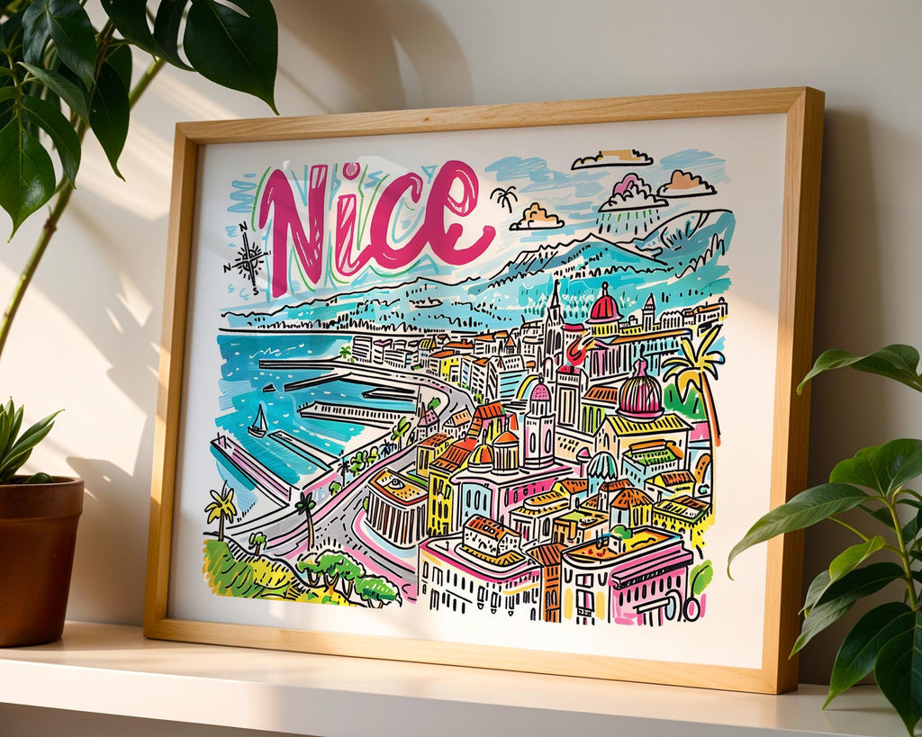 Nice France Travel Poster | Colorful Promenade des Anglais Art Print wall art print, modern home decor, unframed artwork by Nomad & Nest