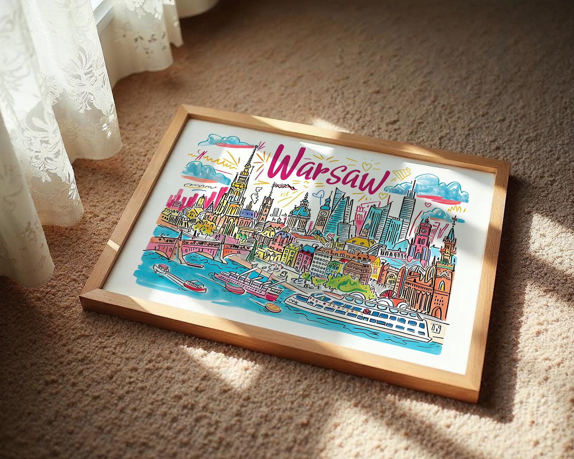 Warsaw Poland Travel Poster | Colorful Cityscape Art Print wall art print, modern home decor, unframed artwork by Nomad & Nest